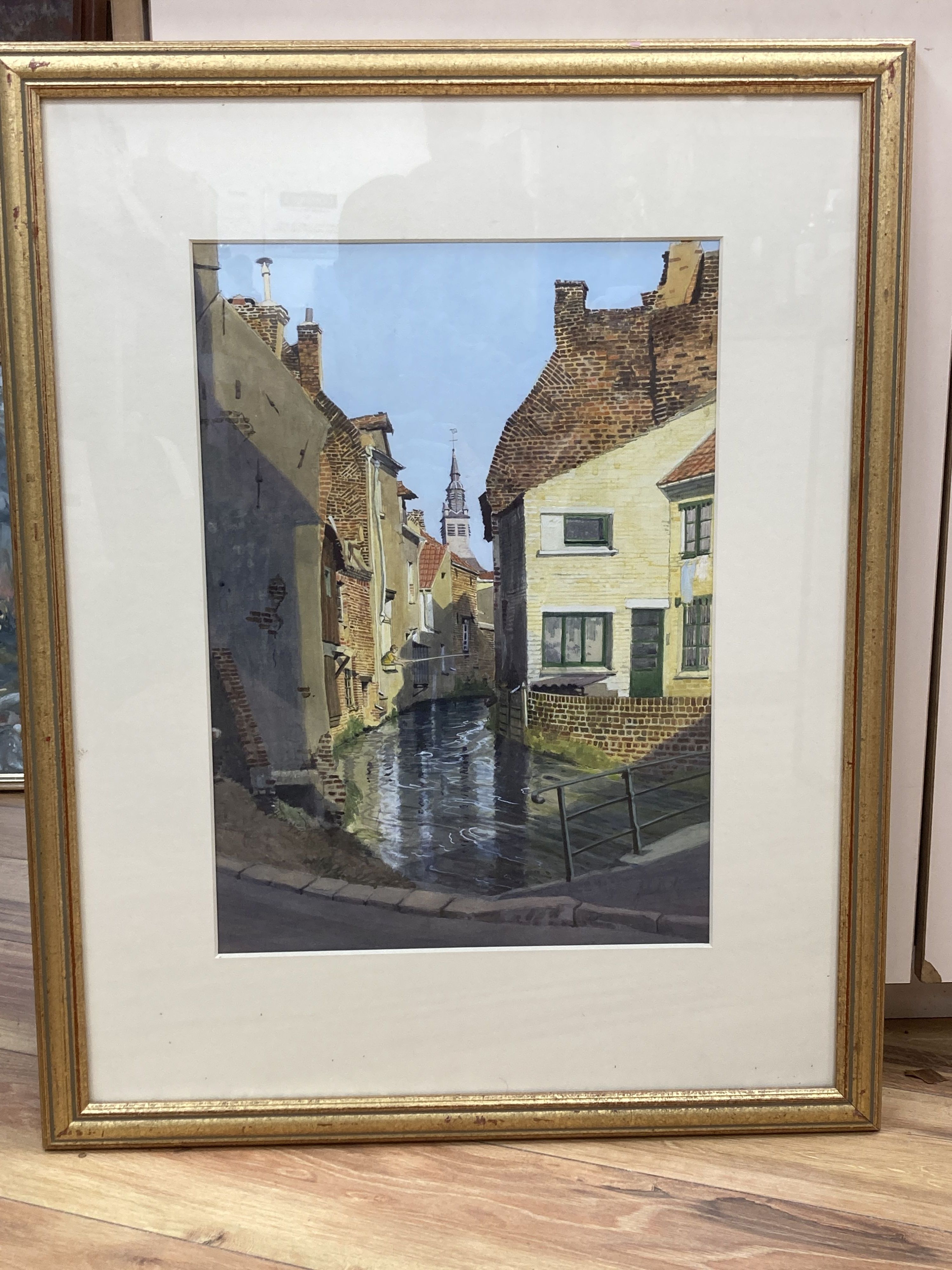 John Doyle (b.1928), watercolour, Village backwater, signed, 45 x 32cm